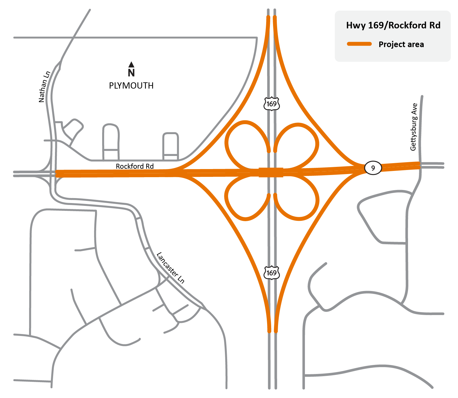 Highway 169 and Rockford Road/County Road 9 intersection in Plymouth and New Hope project location map