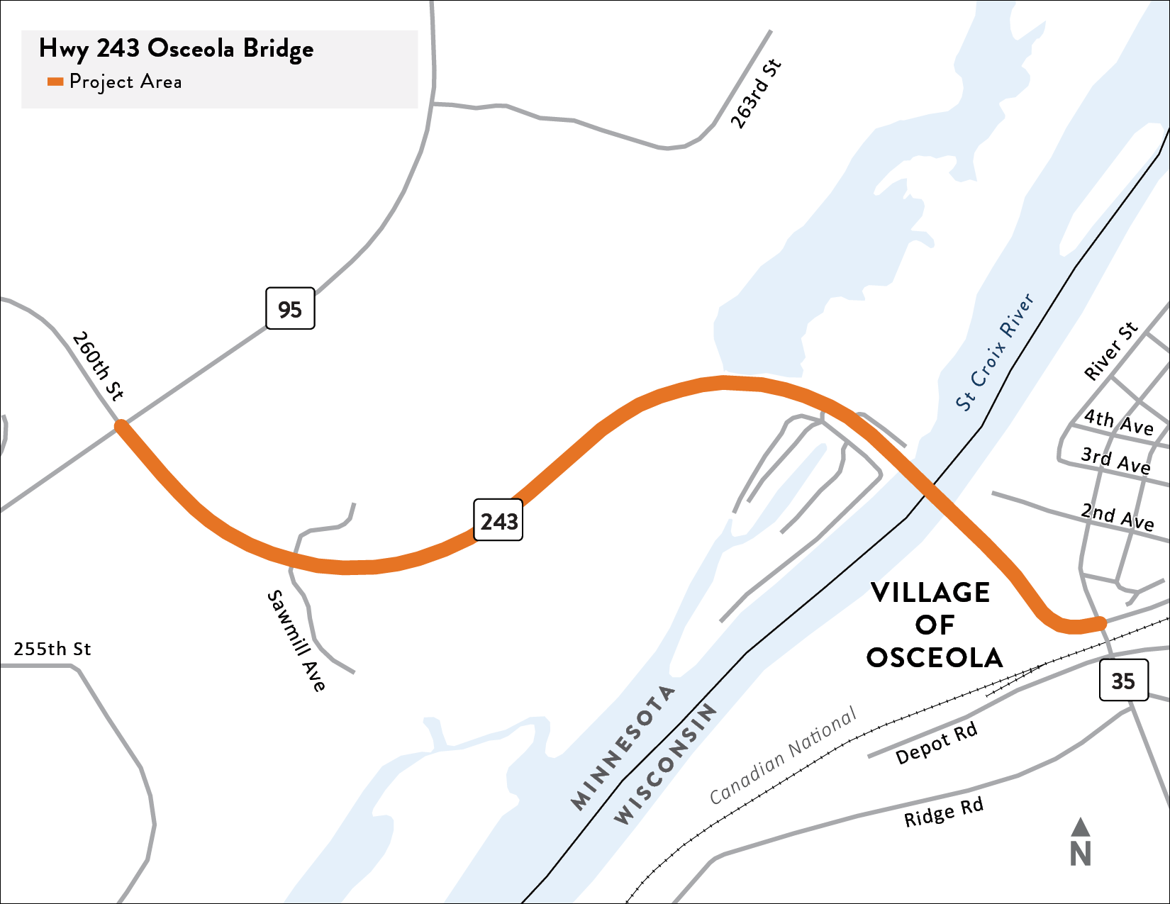 Highway 243 Bridge over the Saint Croix National and Scenic Riverway between Highway 95 in Franconia Township and Highway 35 intersection in Osceola, Wisconsin project location map