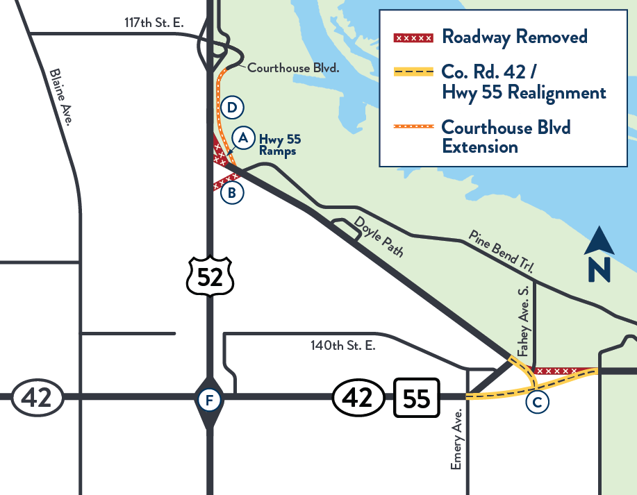 Map of the study area showing scenario 1 concepts including roadway removal, county road 42/Highway 55 realignment and courthouse boulevard extension
