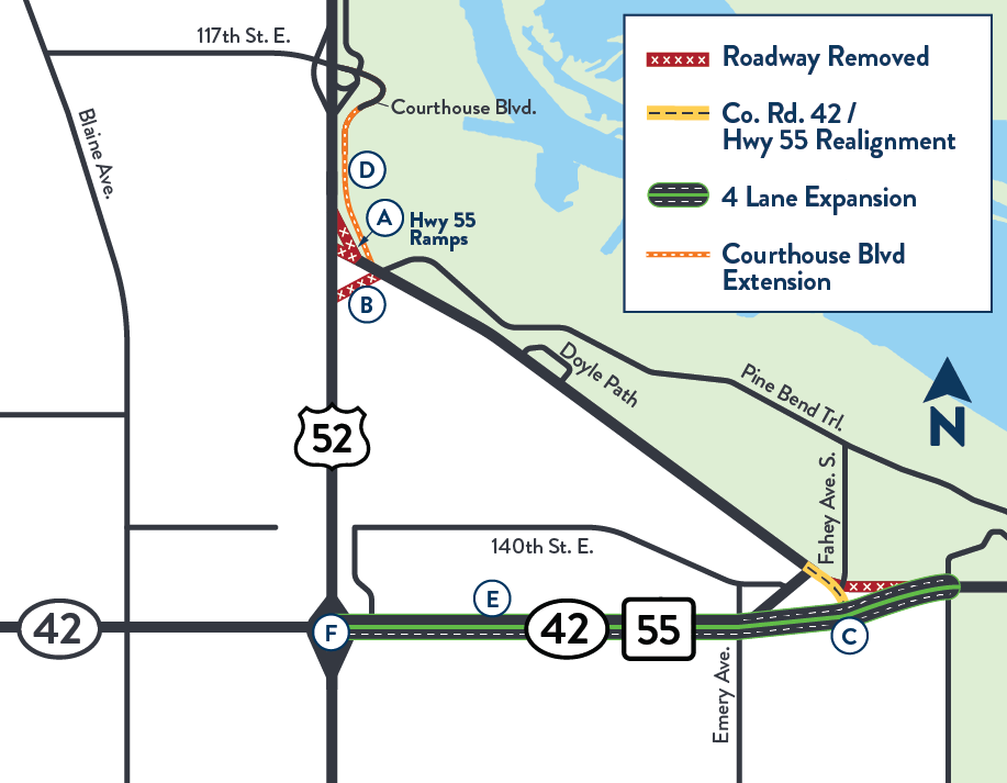 Map of the study area showing scenario 2 concepts including roadway removal, county road 42/highway 55 realignment, four lane expansion and courthouse boulevard extension
