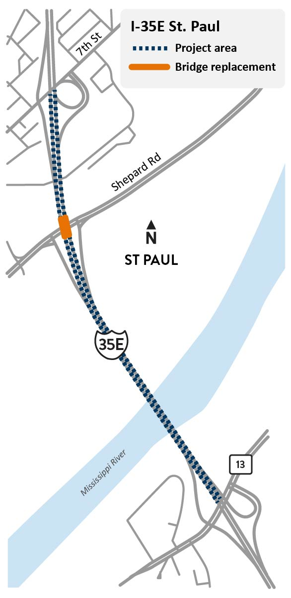 I-35E between Highway 5/West 7th Street in St. Paul and Highway 13 in Lilydale project location map