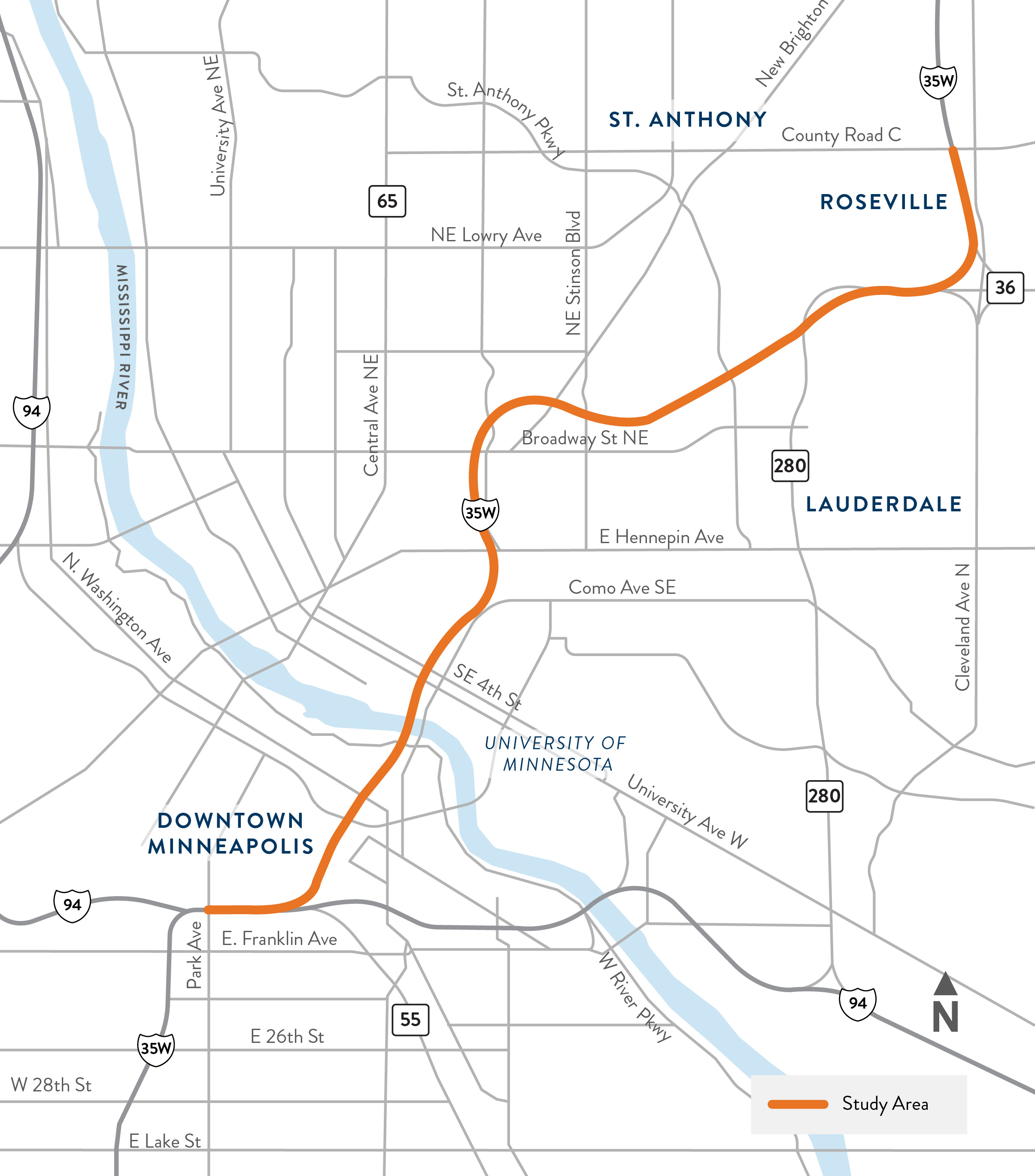 I-35W between Park Avenue in Minneapolis and County Road C in Roseville study area map
