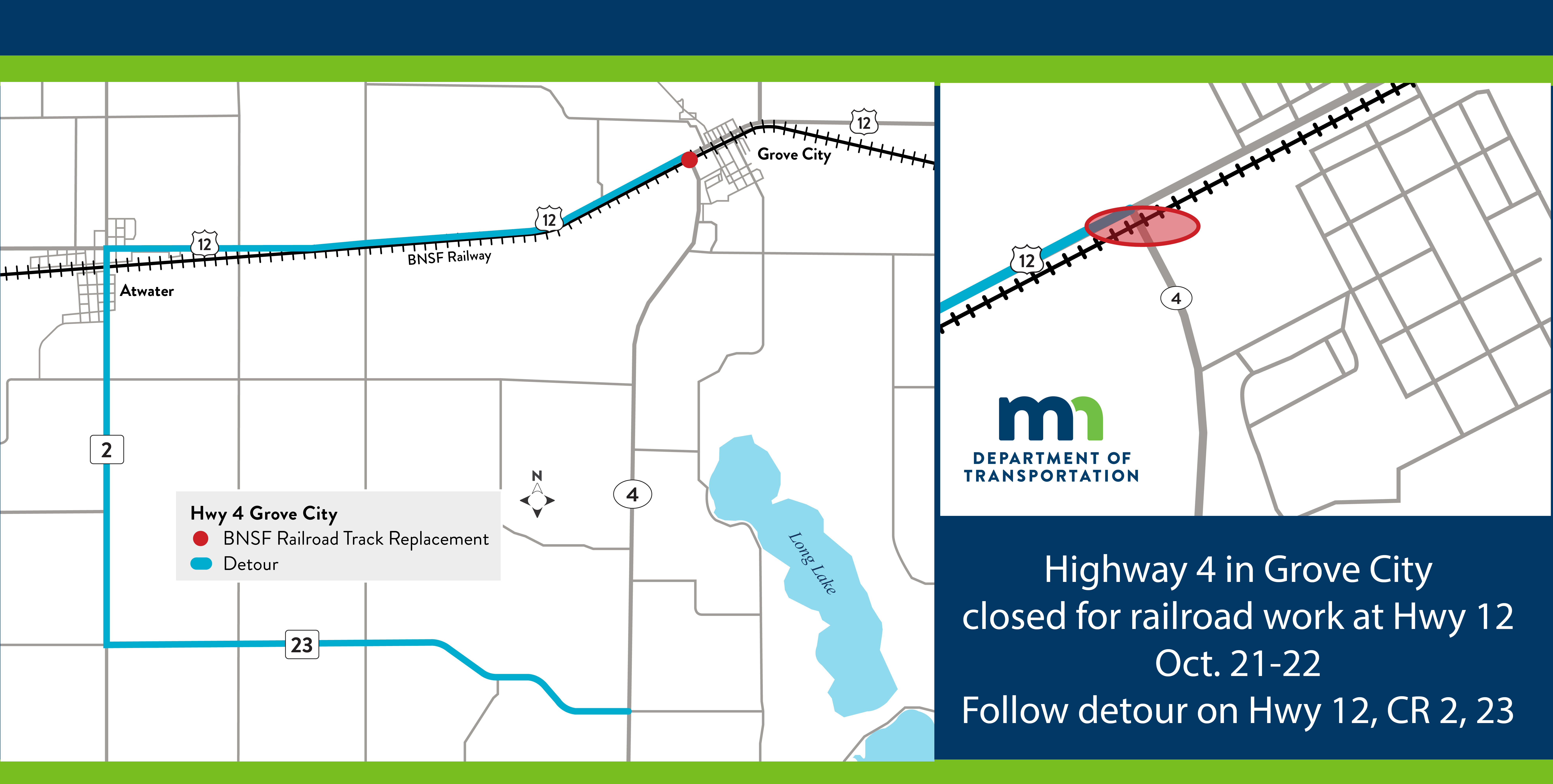 Map of of Hwy 4 in Grove City closed for reailroad work at Hwy 12 Oct. 21-22 Follow detour on Hwy 12, CR 2,23