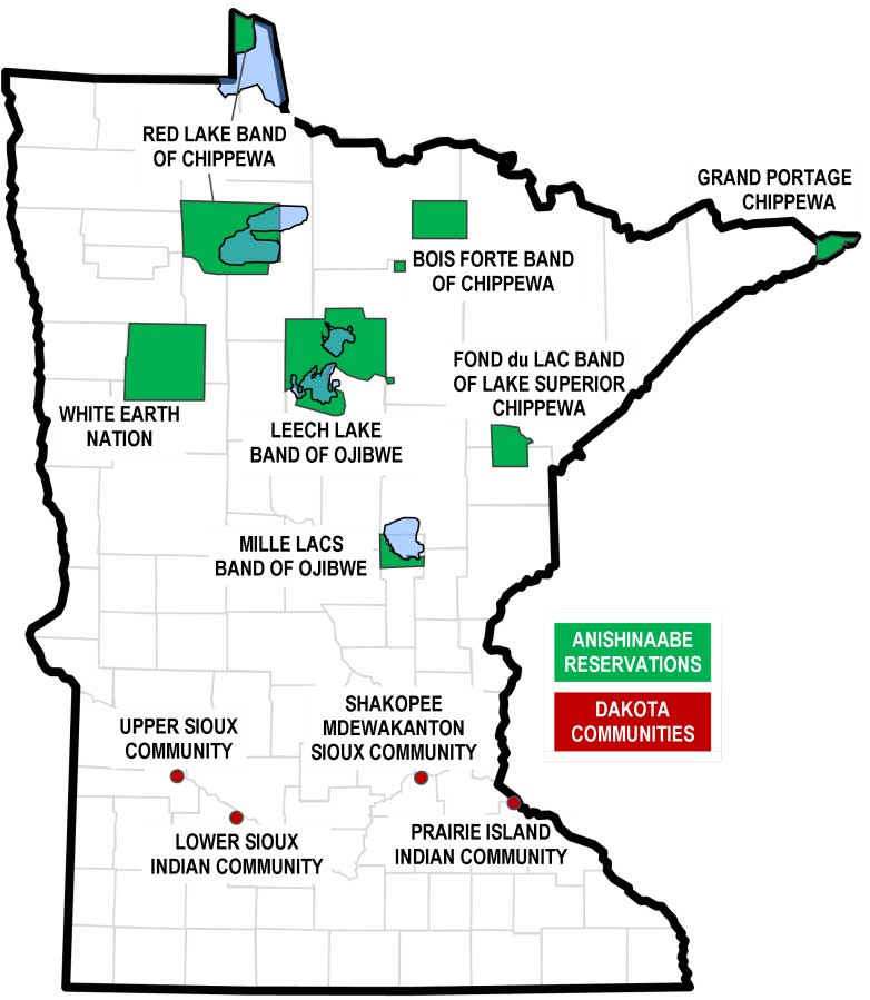 Map showing the locations of 11 Tribal Nations in Minnesota